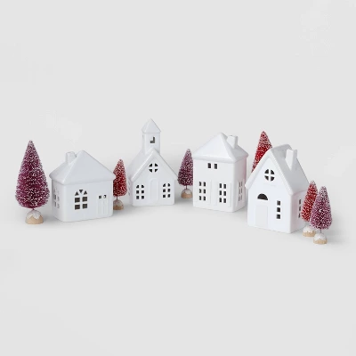 10pc Battery Operated Decorative Ceramic Village Kit White With Blush Trees - Wondershop™ 2 10pc Battery Operated Decorative Ceramic Village Kit White With Blush Trees - Wondershop™ - Image 2