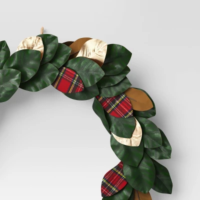 28" Mixed Leaves Artificial Christmas Wreath Green/Plaid/Gold - Wondershop™ 2 28" Mixed Leaves Artificial Christmas Wreath Green/Plaid/Gold - Wondershop™ - Image 2