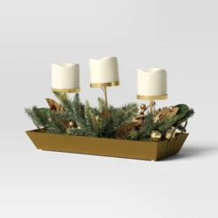 Battery Operated Flameless Pillar Candle And Candle Holder In Gold Tray With Faux Christmas Greenery - Wondershop™ -Wondershop GUEST 2fceadbe de27 4776 b1a6 ec09060a1791