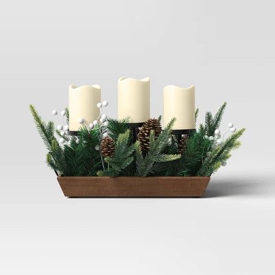 Battery Operated Flameless Pillar Candle And Black Candle Holder In Wood Tray With Faux Christmas Greenery - Wondershop™ 2 Battery Operated Flameless Pillar Candle And Black Candle Holder In Wood Tray With Faux Christmas Greenery - Wondershop™ - Image 2