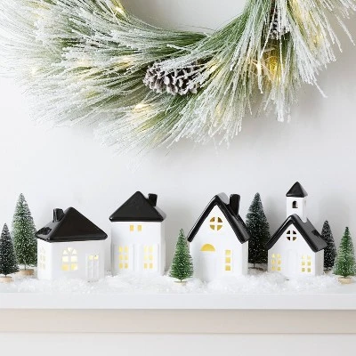 10pc Battery Operated Decorative Ceramic Village Kit White/Black With Green Trees - Wondershop™ 1 10pc Battery Operated Decorative Ceramic Village Kit White/Black With Green Trees - Wondershop™