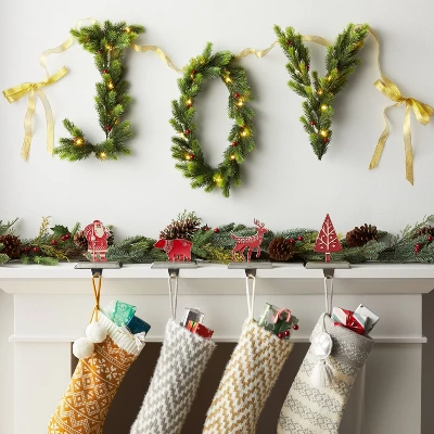 6' Pre-Lit Battery Operated Mixed Greenery 'Joy' Garland With Gold Ribbon - Wondershop™ 1 6' Pre-Lit Battery Operated Mixed Greenery 'Joy' Garland With Gold Ribbon - Wondershop™