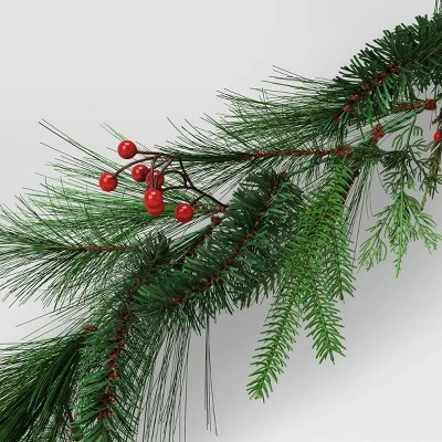 6' Long Needle Mixed Greenery With Red Berries Artificial Christmas Garland Green - Wondershop™ 2 6' Long Needle Mixed Greenery With Red Berries Artificial Christmas Garland Green - Wondershop™ - Image 2