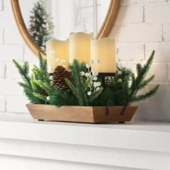 Battery Operated Flameless Pillar Candle And Black Candle Holder In Wood Tray With Faux Christmas Greenery - Wondershop™
