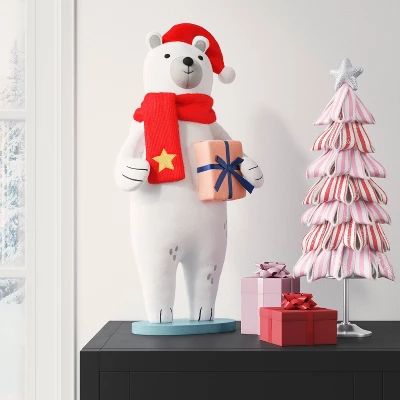 23.5" Fabric Polar Bear Holding Gift Animal Statue - Wondershop™ White 1 23.5" Fabric Polar Bear Holding Gift Animal Statue - Wondershop™ White