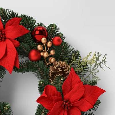 22" Mixed Greenery And Poinsettia Flowers Decorated Artificial Christmas Wreath Green - Wondershop™ 2 22" Mixed Greenery And Poinsettia Flowers Decorated Artificial Christmas Wreath Green - Wondershop™ - Image 2